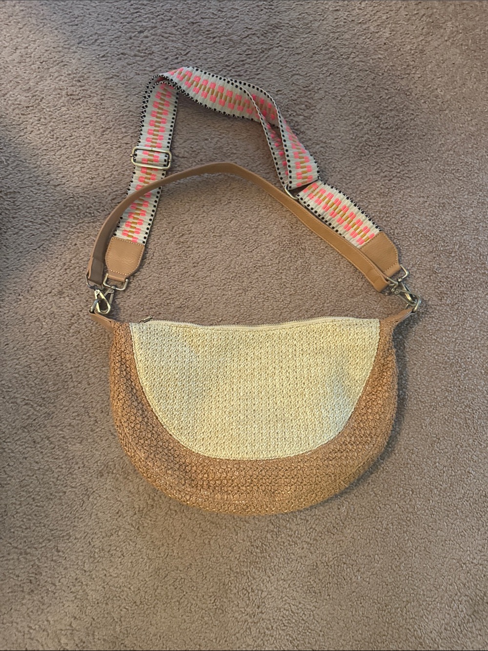 Anthropologie Two-Tone Woven Crescent Crossbody with Patterned Strap